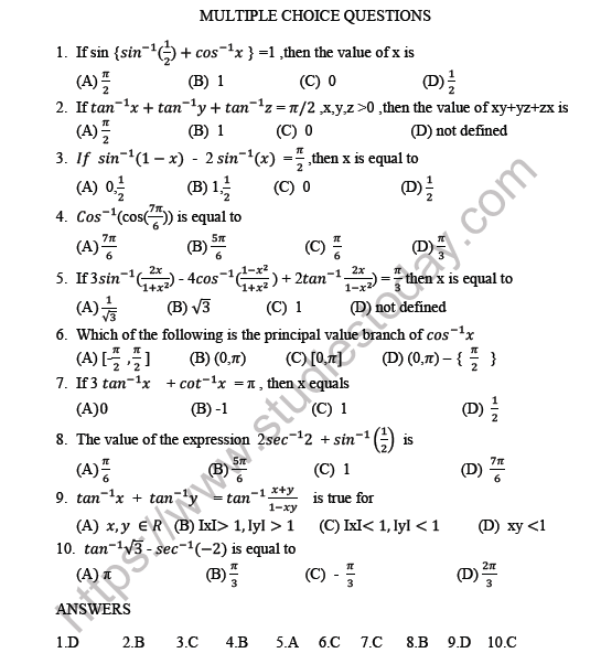 CBSE Class 12 Mathematics Inverse Trigonometric Functions MCQs